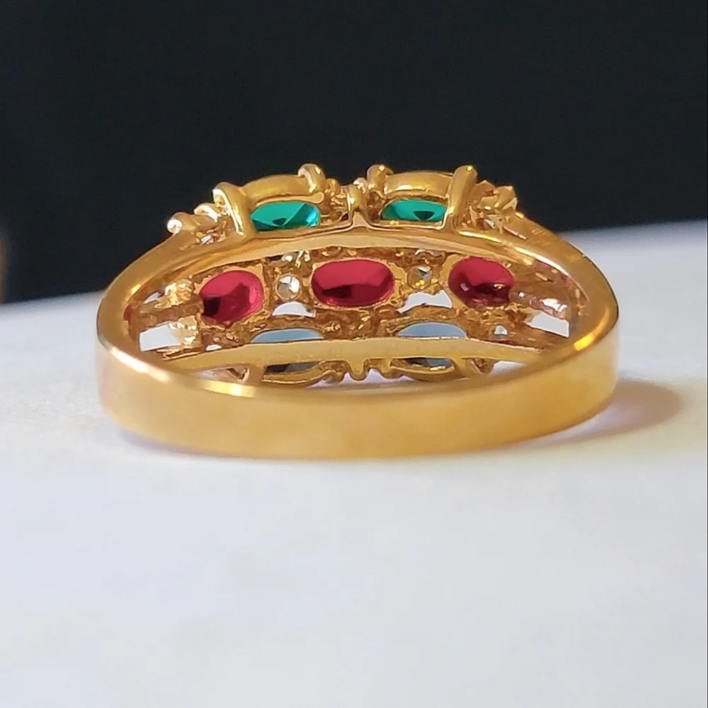 Multi-gem Gold Tone Cocktail Ring Faux Emerald Sapphire Ruby and Diamond Vintage